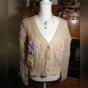 New In Cable Knit Cardigan Featuring 3D Flowers Appliques